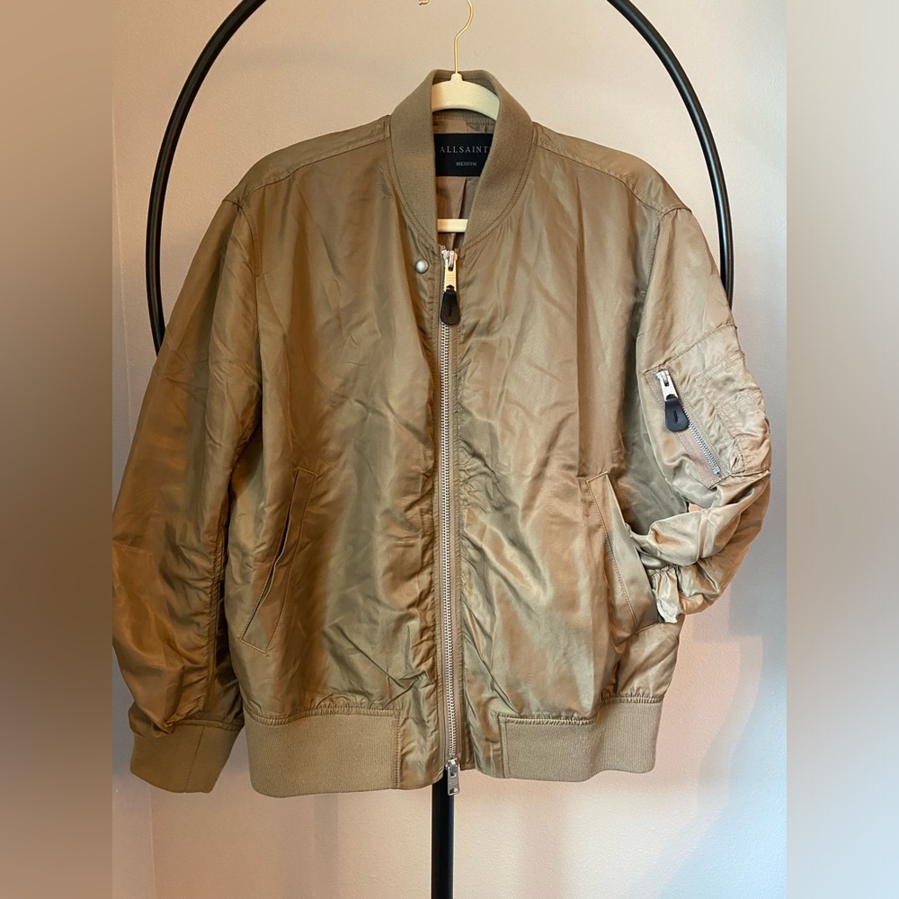 AllSaints Myra Bomber Jacket Tan Khaki Flight Jacket Army Style Military Med